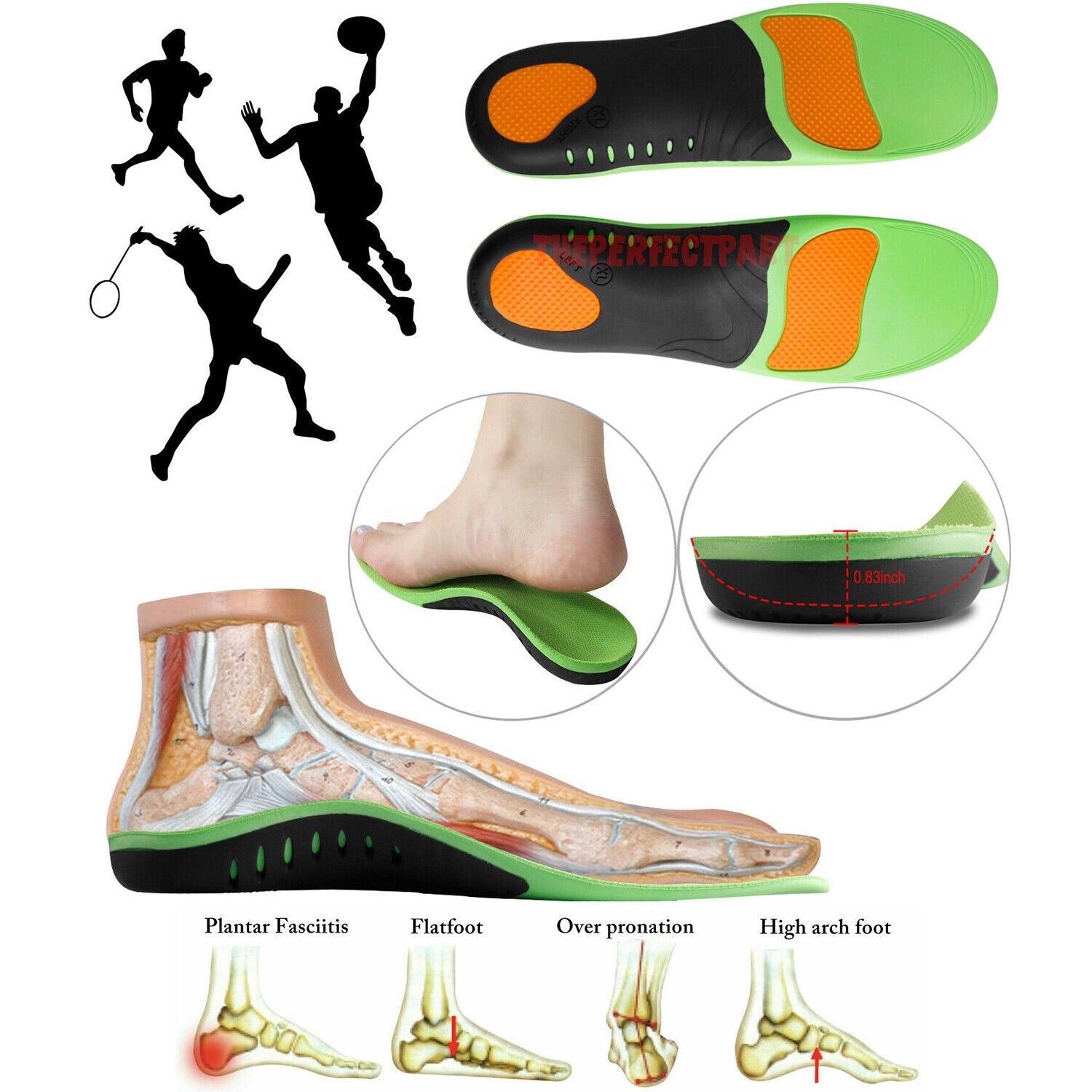 Plantillas ortopédicas para zapatos, soporte de arco alto para pies planos, fascitis plantar