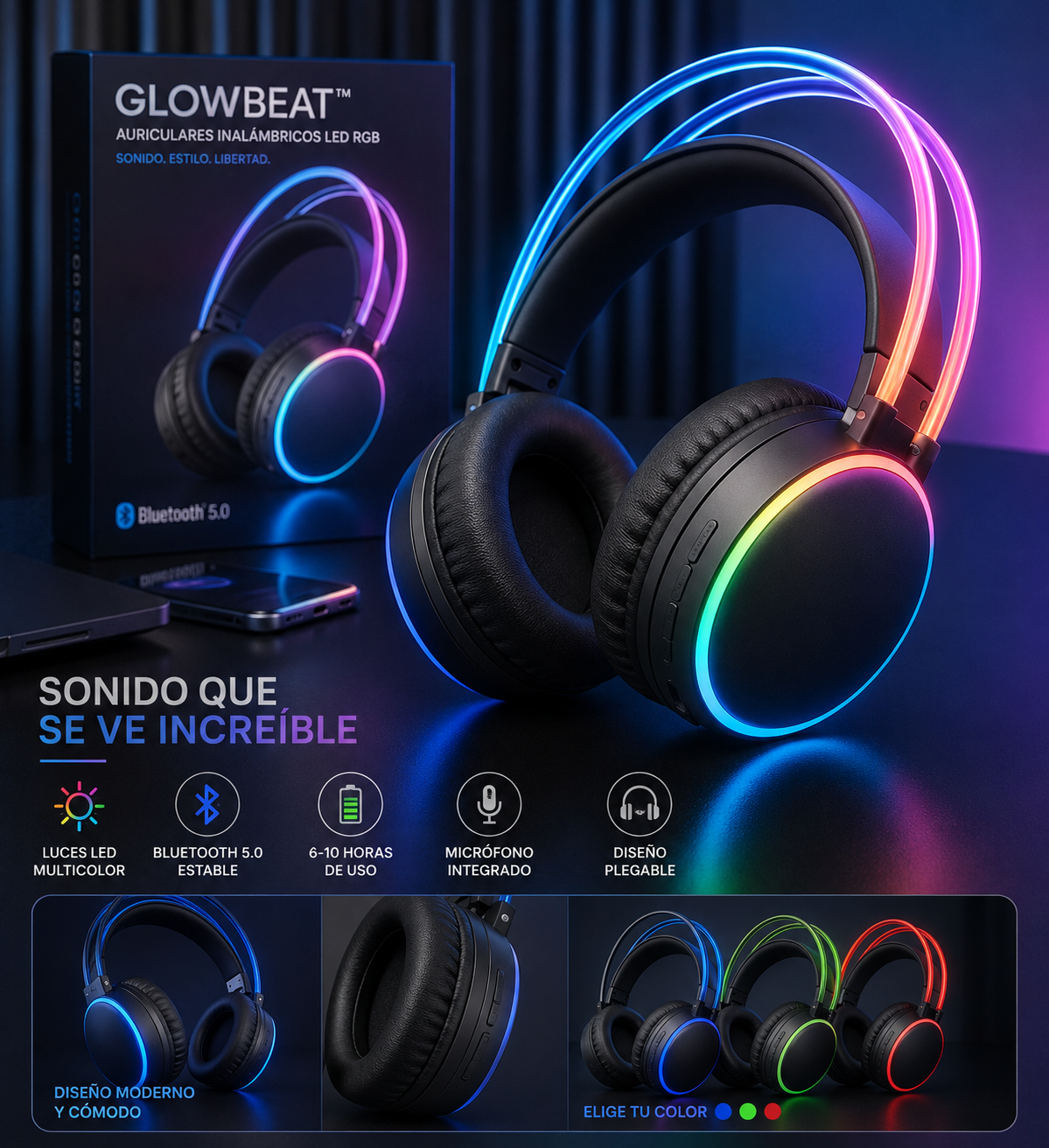 ✨ GlowBeat™ – Auriculares Inalámbricos LED RGB