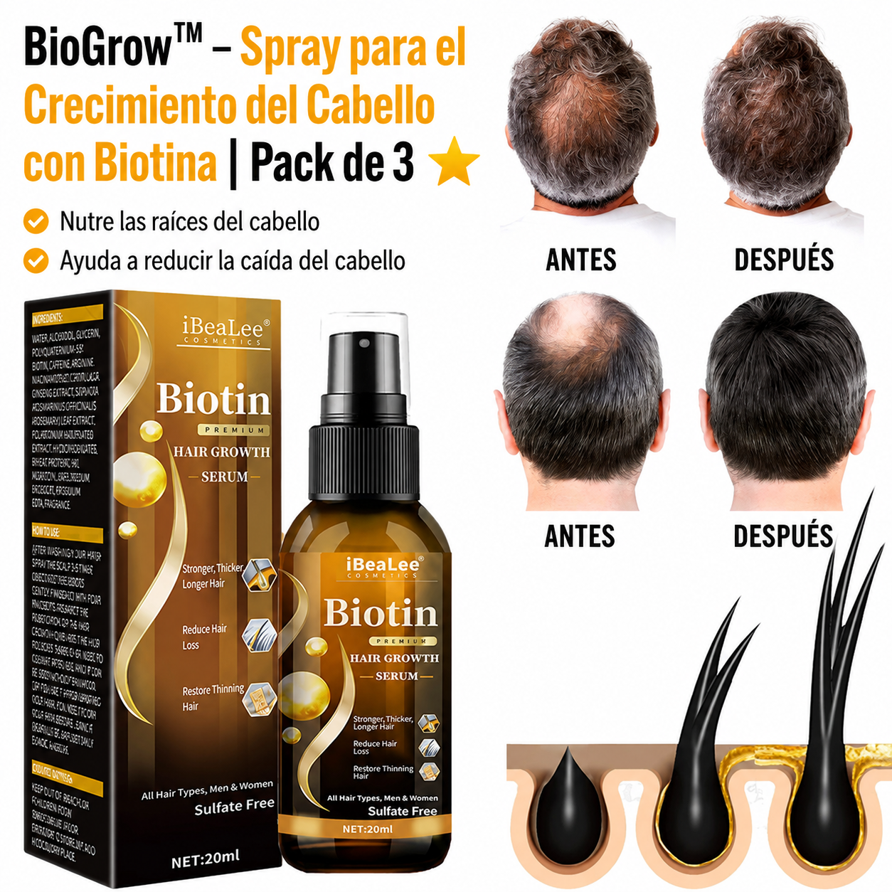 BioGrow™ – Spray para el Crecimiento del Cabello con Biotina | Pack de 3 ⭐