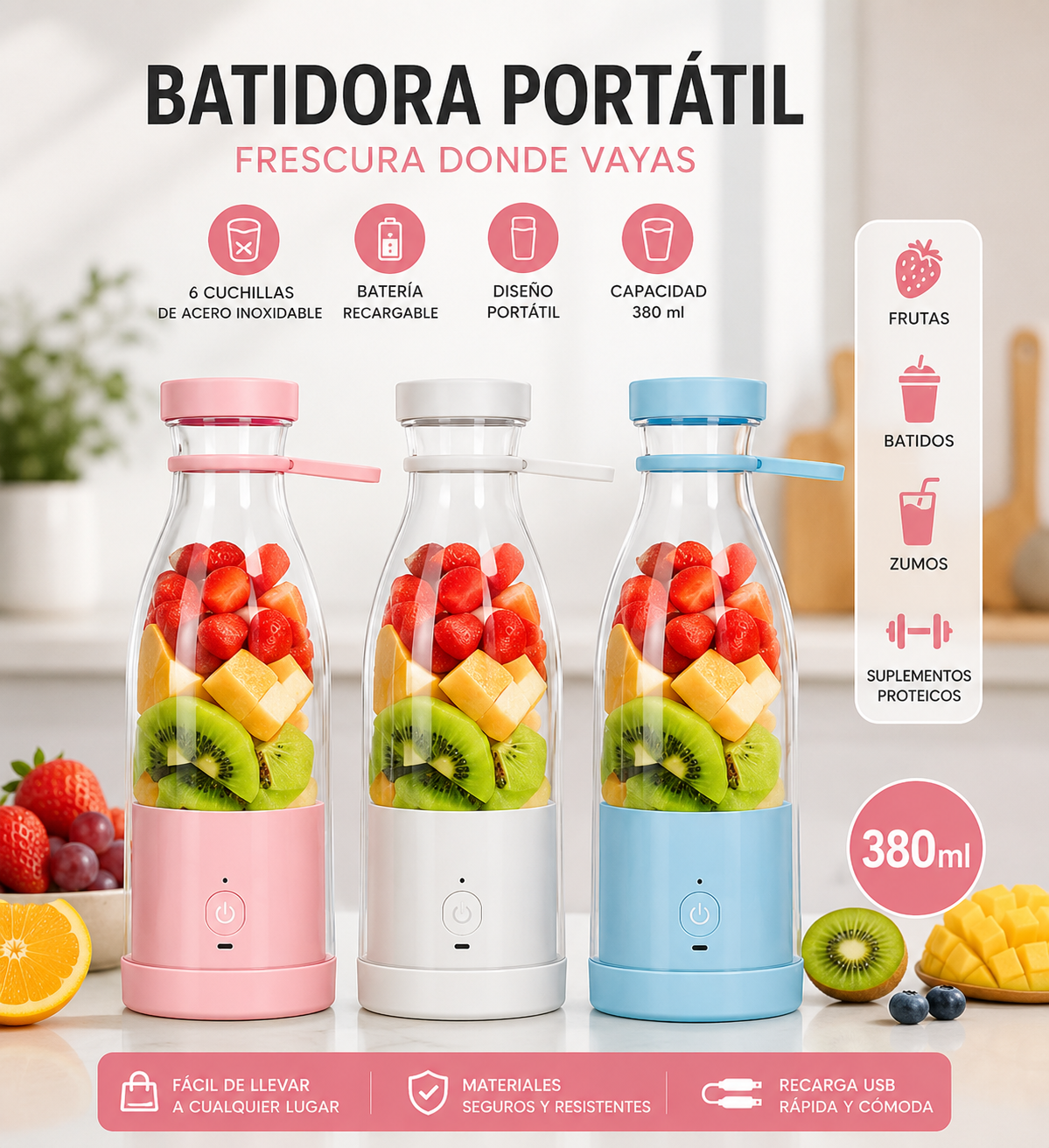 Batidora Portátil Recargable de 380 ml