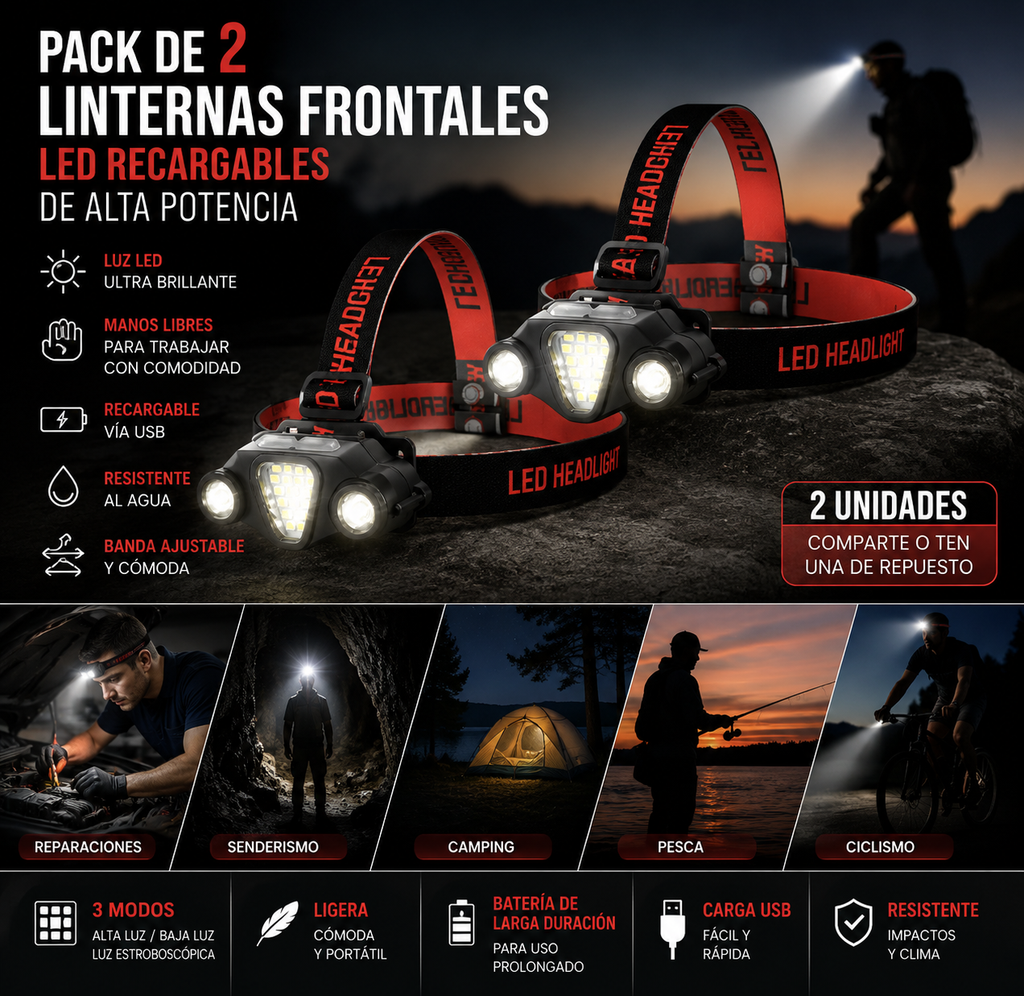 Pack de 2 Linternas Frontales LED Recargables