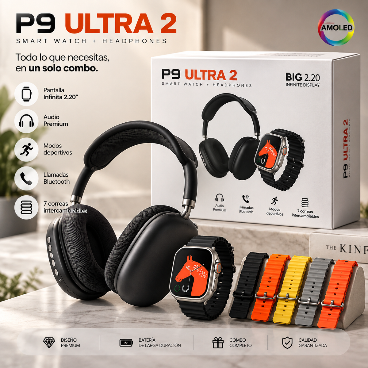 Combo Reloj Inteligente Smartwatch 'Ultra 2' + 7 Manillas + Auriculares Diadema P9
