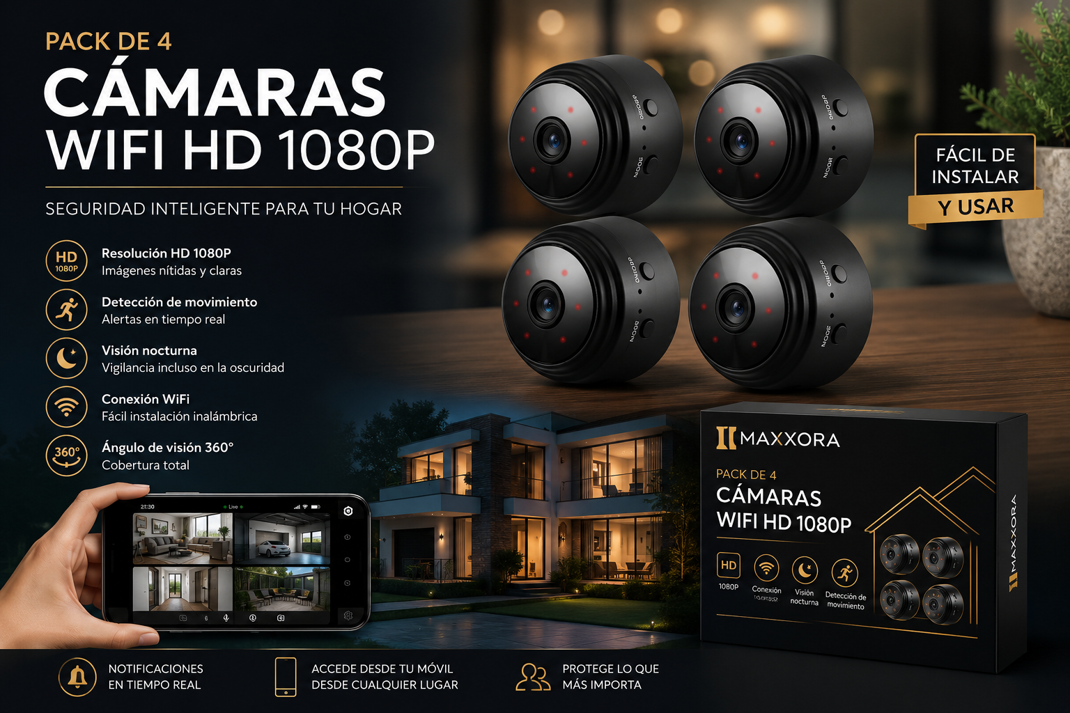 Pack de 4 Cámaras Inteligentes WiFi HD 1080P con Visión Nocturna