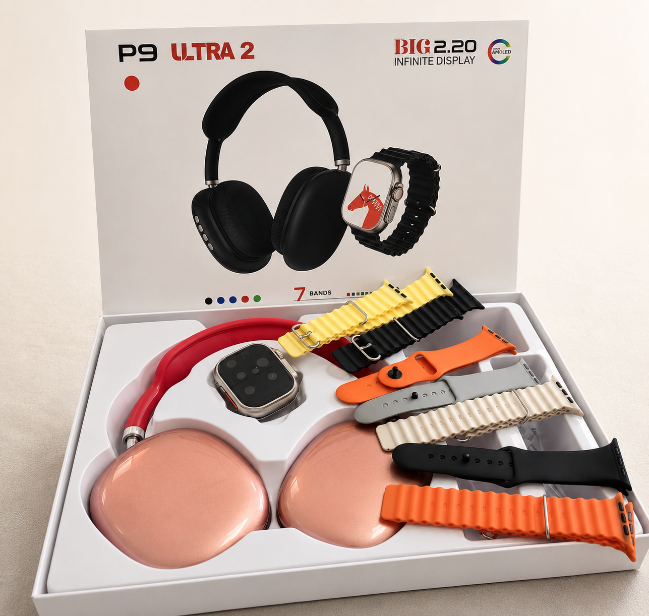 Combo Reloj Inteligente Smartwatch 'Ultra 2' + 7 Manillas + Auriculares Diadema P9
