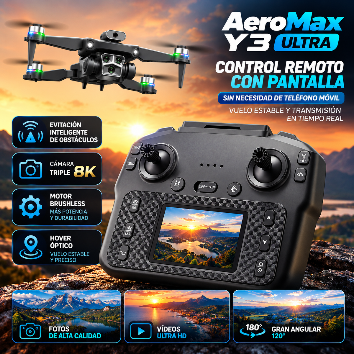 AeroMax Y3 Ultra™ – Drone con Pantalla y Control Remoto