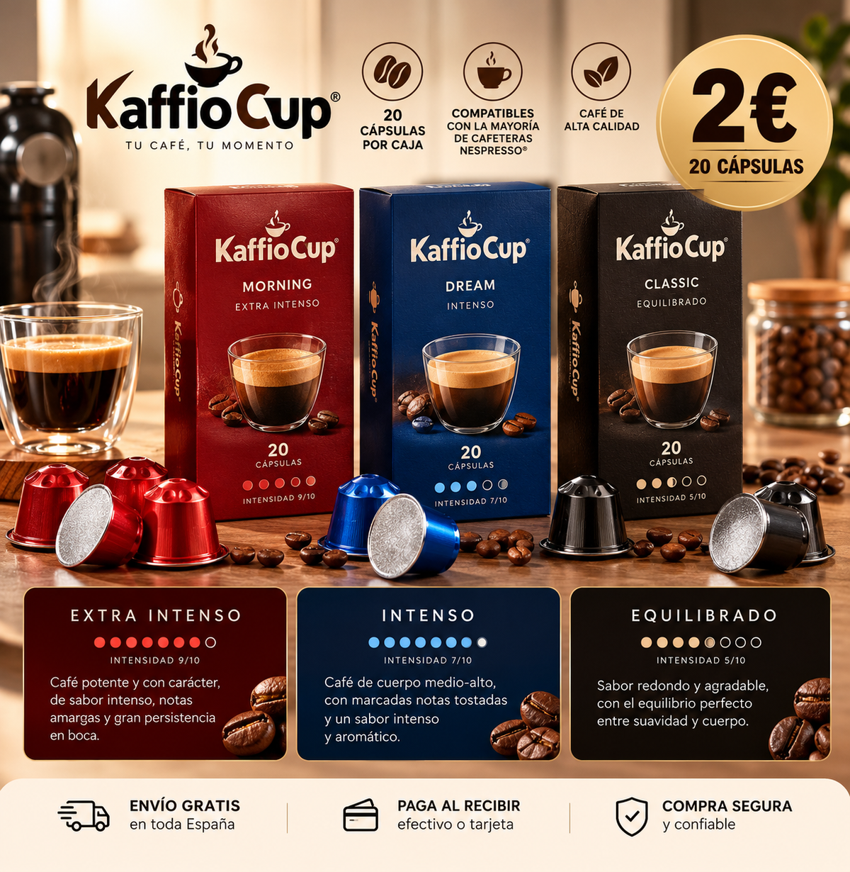 ☕ 20 CÁPSULAS DE CAFÉ EN 3 INTENSIDADES