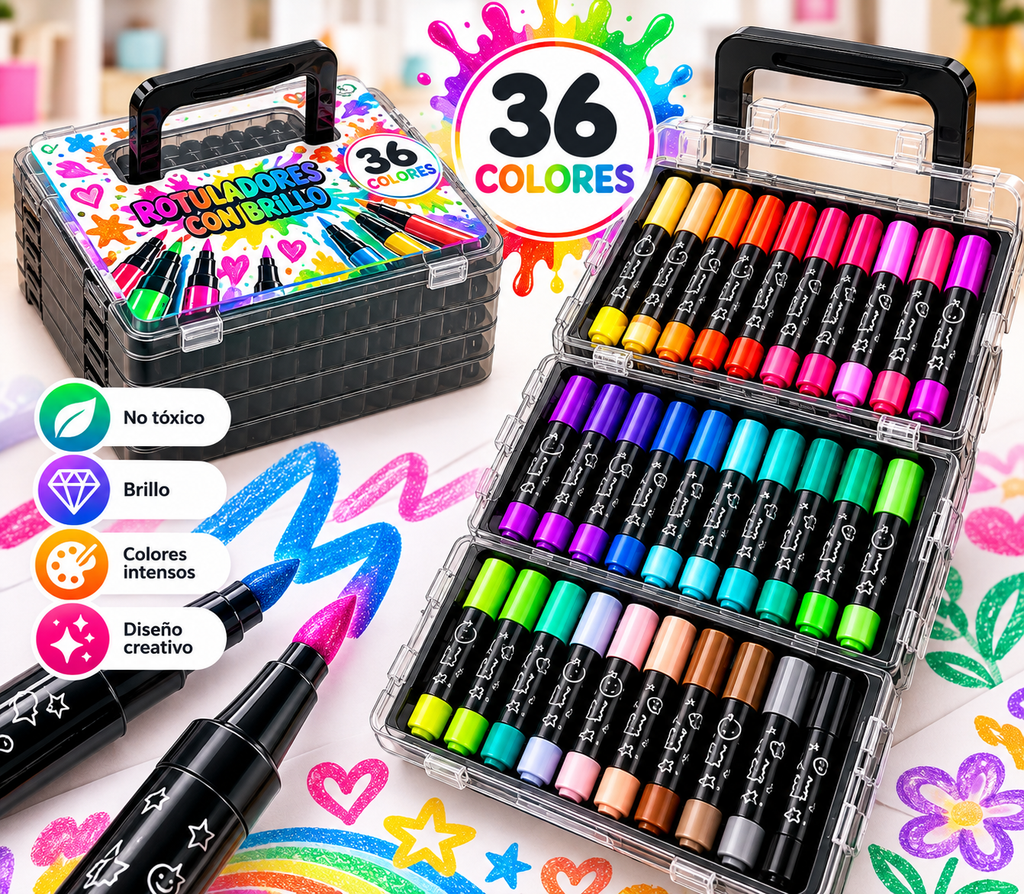 BrilliArt™ – Maletín 36 Rotuladores con Brillo ✨