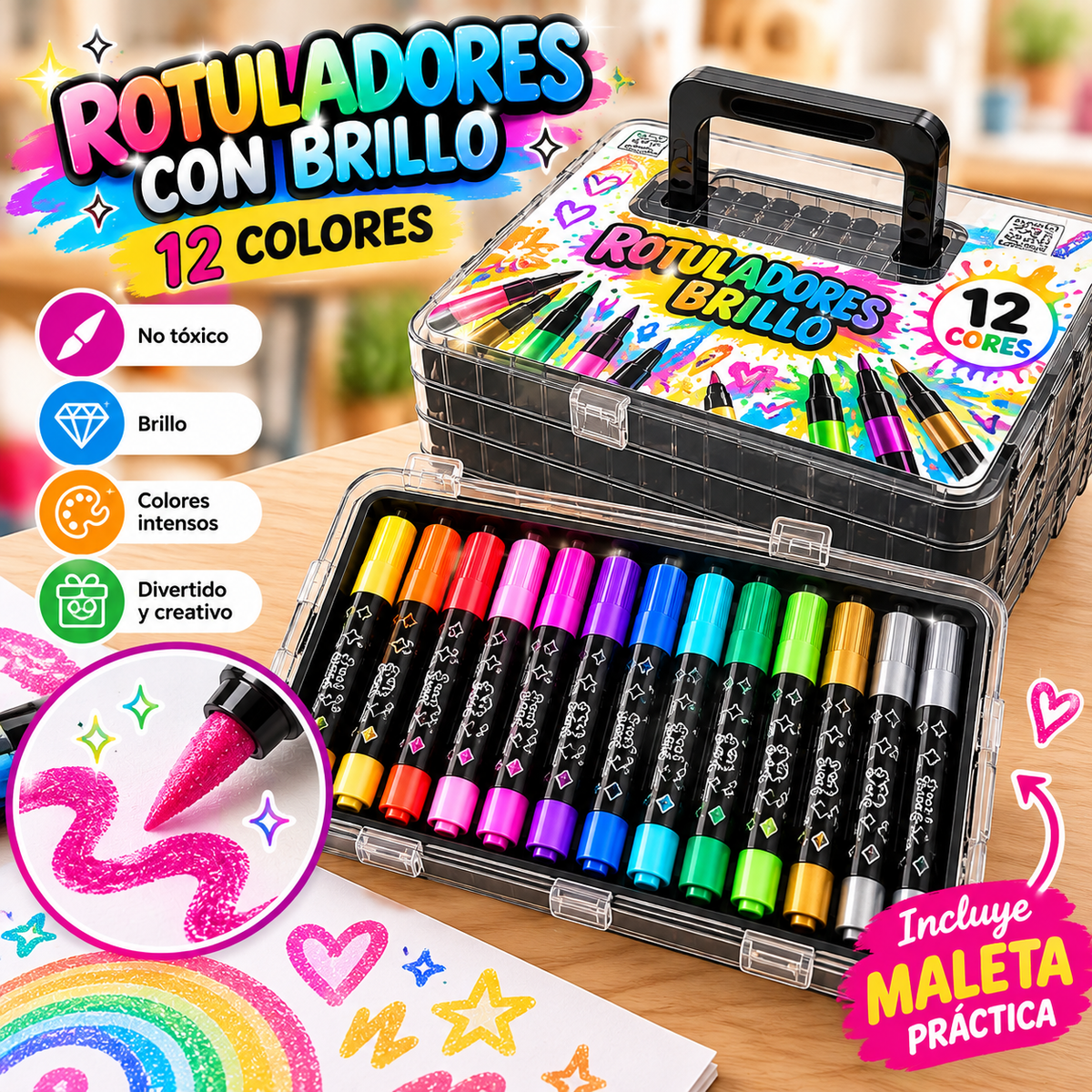 BrilliArt™ – Maletín de 12 Rotuladores con Brillo ✨